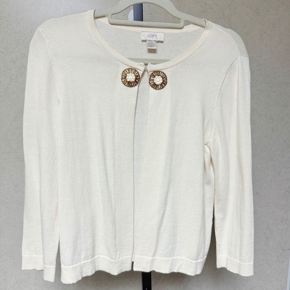 LOFT‎ Size Small Womens Cardigan Ivory Cotton Embellished Librarian  Sweater